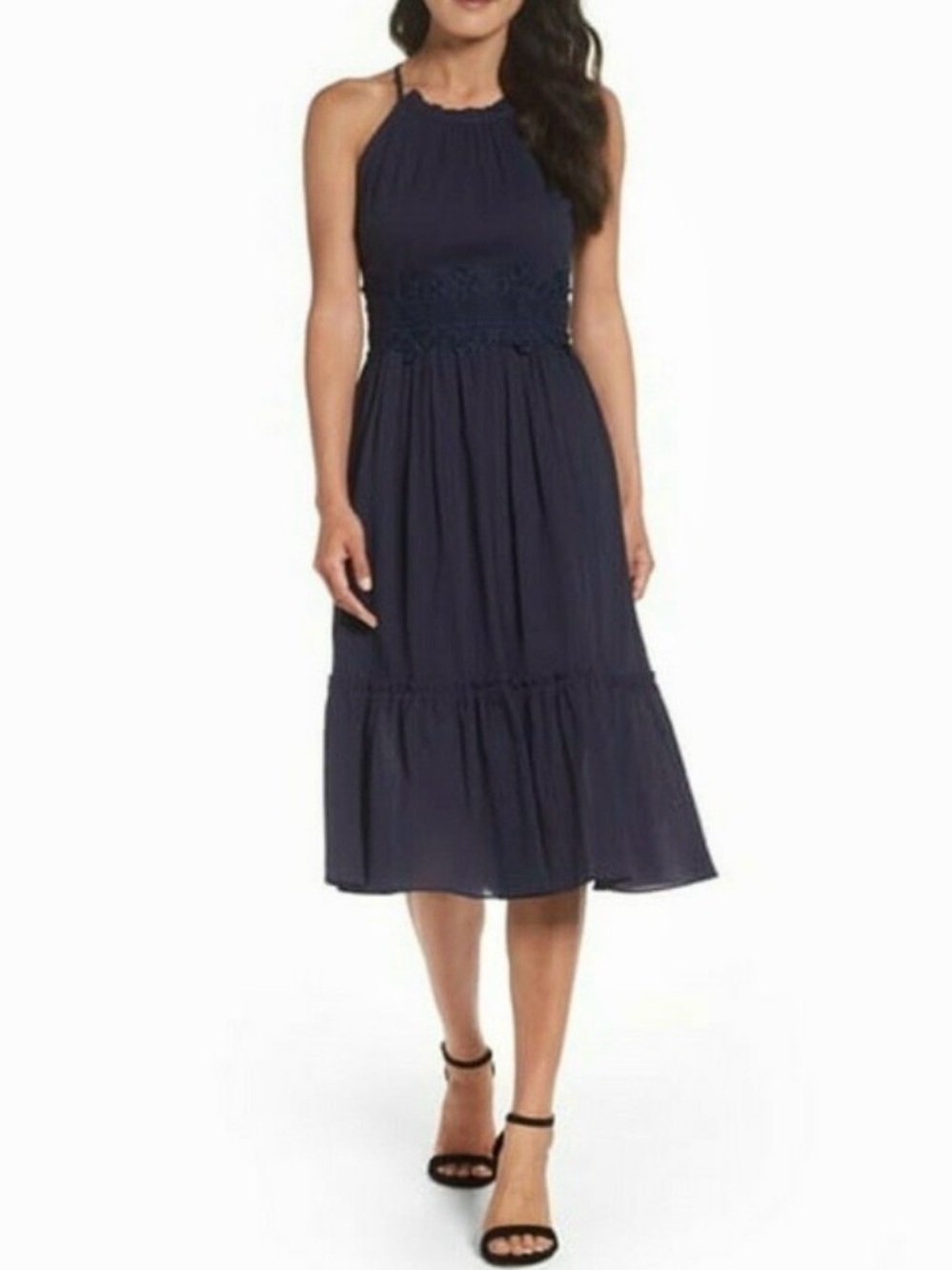 Eliza J Navy Blue Cotton Gauze Fit & Flare Strappy Sun Dress